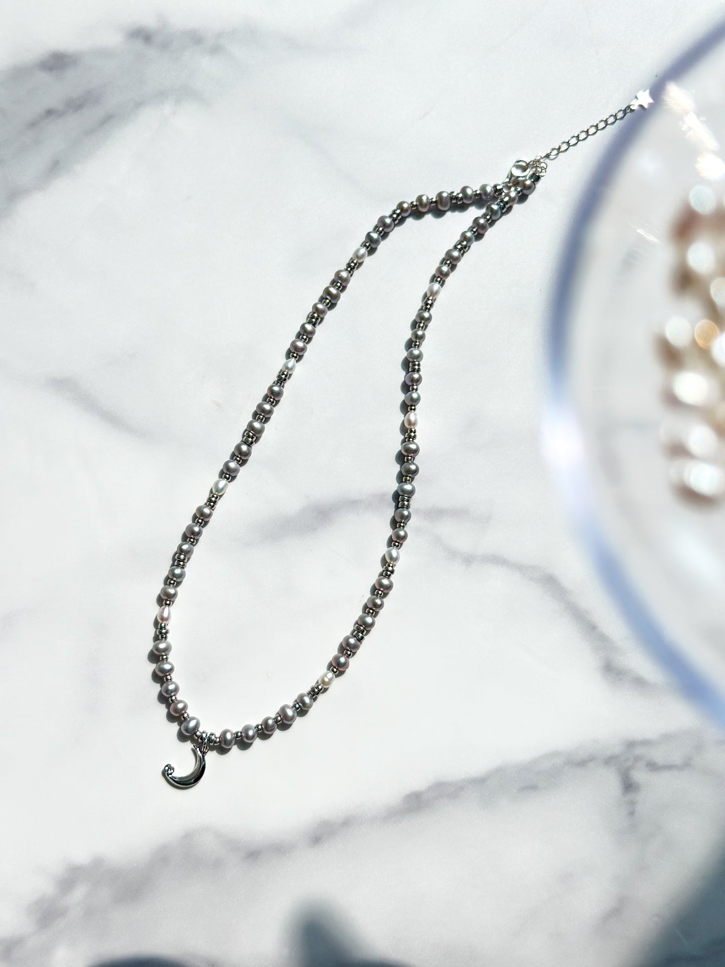 Moon w/ Grey Fresh Water Pearl Beaded Necklace
