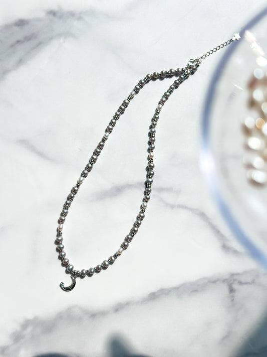 Moon w/ Grey Fresh Water Pearl Beaded Necklace