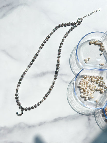 Moon w/ Grey Fresh Water Pearl Beaded Necklace