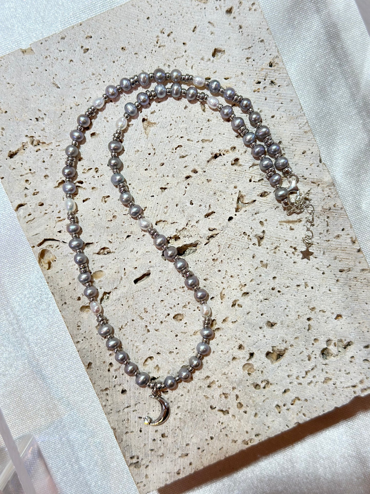 Moon w/ Grey Fresh Water Pearl Beaded Necklace