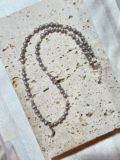 Moon w/ Grey Fresh Water Pearl Beaded Necklace