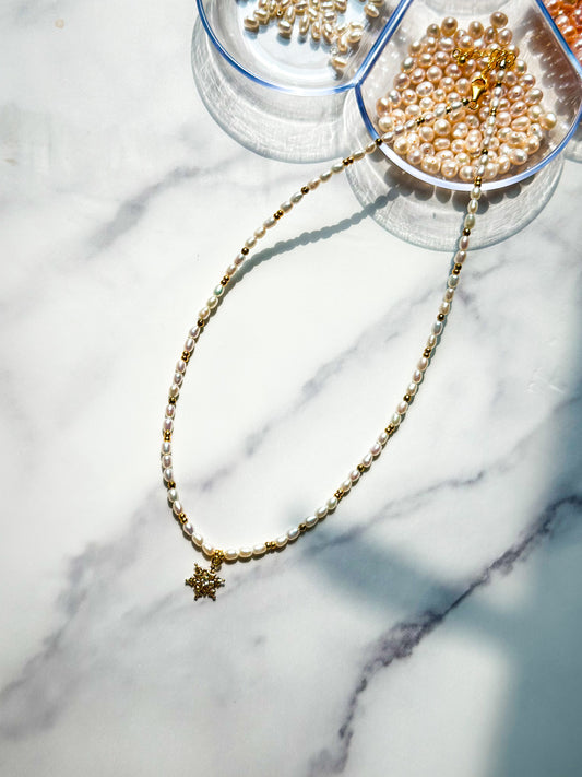 Snowflake w/ Mini Fresh Water Pearl and Gold Pyrite Faced Beaded Necklace