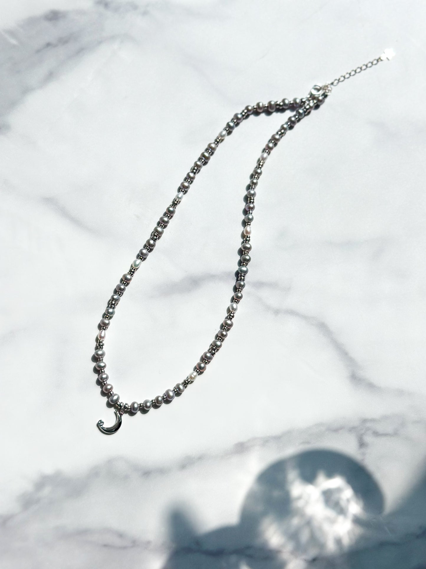 Moon w/ Grey Fresh Water Pearl Beaded Necklace