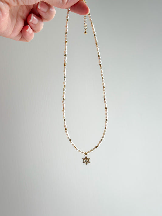 Snowflake w/ Mini Fresh Water Pearl and Gold Pyrite Faced Beaded Necklace